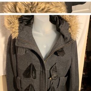 EUC coat by Elevenses! faux fur hood & cuffs, & awesome faux tortoise hardware!!